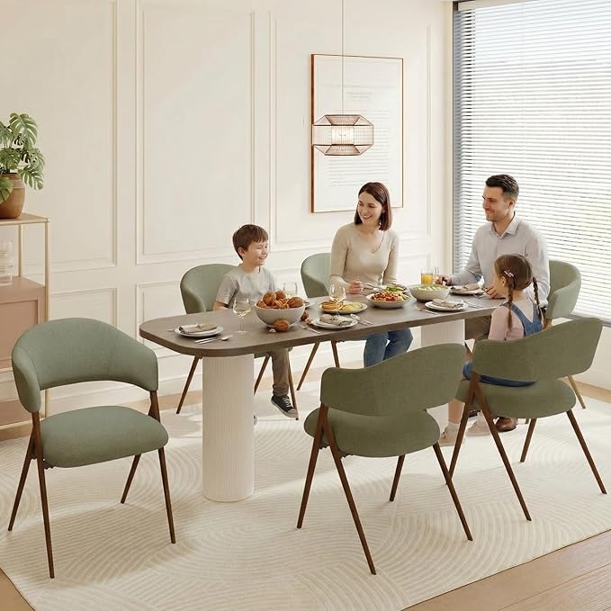 Dining Room Chairs Set of 6, Upholstered Dining Room Chairs, Mid Century Fabric Kitchen Chairs with Curved Backrest and Metal Legs, Green