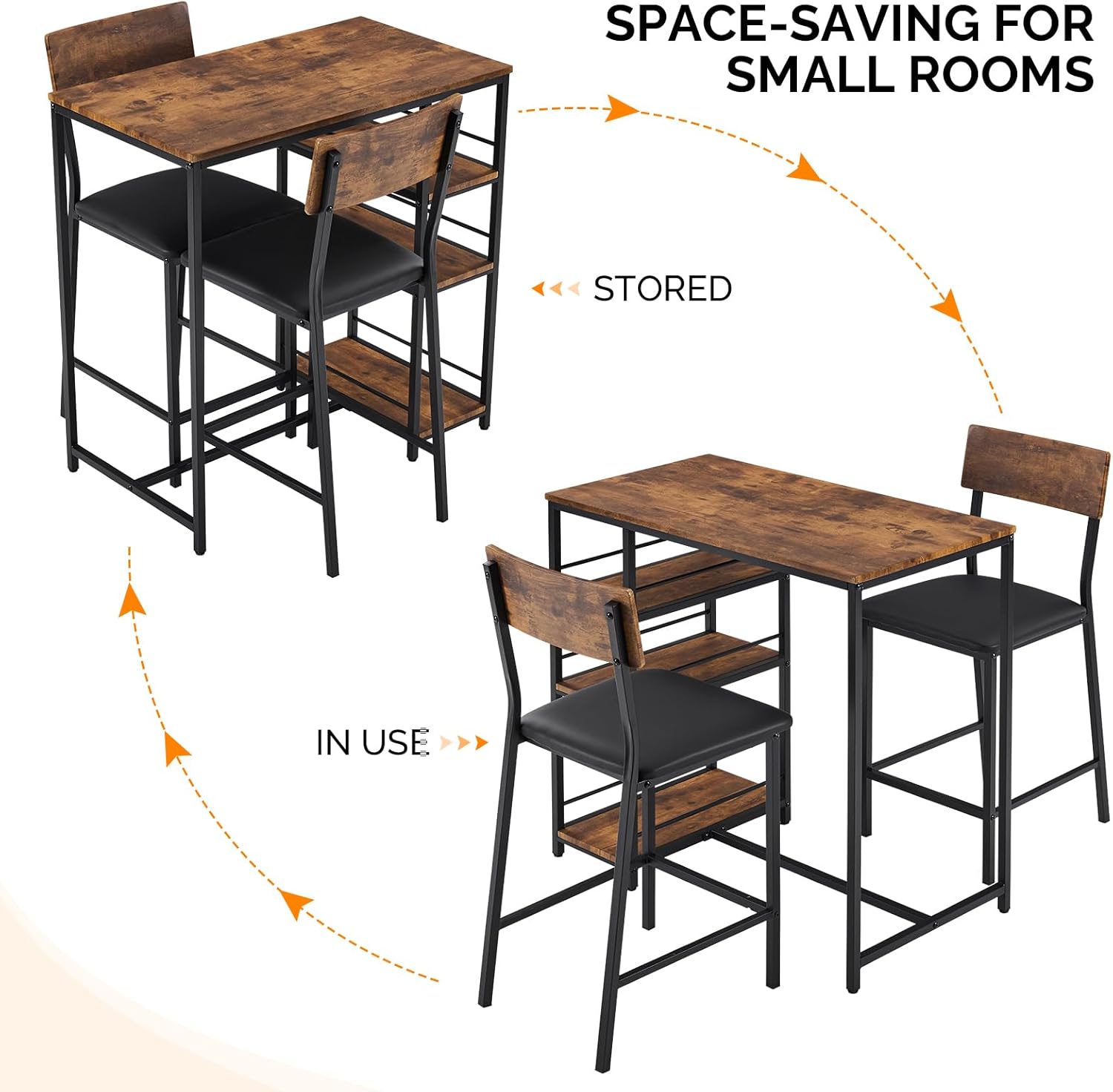 VINGLI Dining Table Set for 2, Kitchen Breakfast Counter Height Small 3 Piece Bar Table and Chairs Set with Storage, Brown