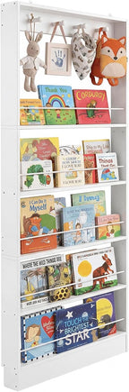 Behind The Door Bookshelf Kids,Wooden Behind Door Bookcase 5-Tier 31.5'' | Fernitry Space-Saving Behind Door Organizer Storage for Toys and Story Books Wall Mount Shelves with Hooks White
