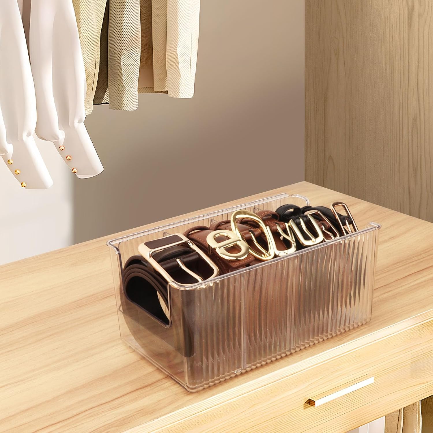 Clear Belt Organizer, Extendable Acrylic Belt Storage Holder with Adjustable Dividers, Belts Storage Container for Drawer and Closet Organization