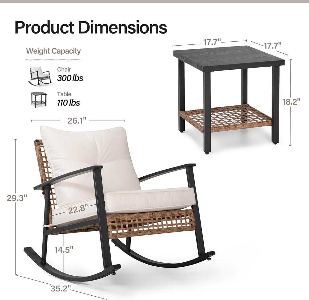 LAUSAINT HOME 3-Piece Rocking Bistro Set, Outdoor Patio Furniture with Thick ...