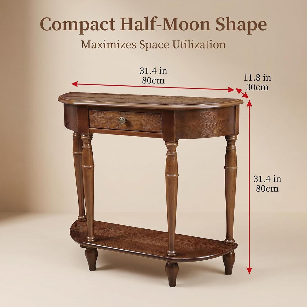 Solid Wood Console Table with Drawer, Half-Moon Porch Table Side Elegant Vint...