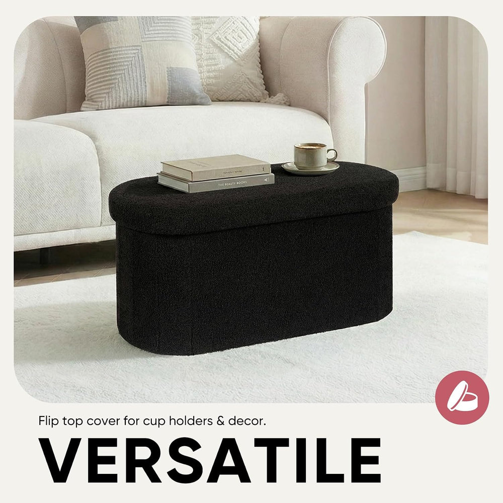30 Inches Oval Ottoman with Storage, Boucle Sherpa Storage Ottoman Bench, Fol...