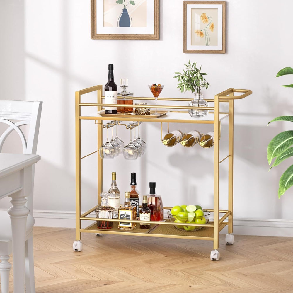 Joaxswe Bar Cart w/Wheels,2 Tier Home Bar Serving Cart,Flowing Gold