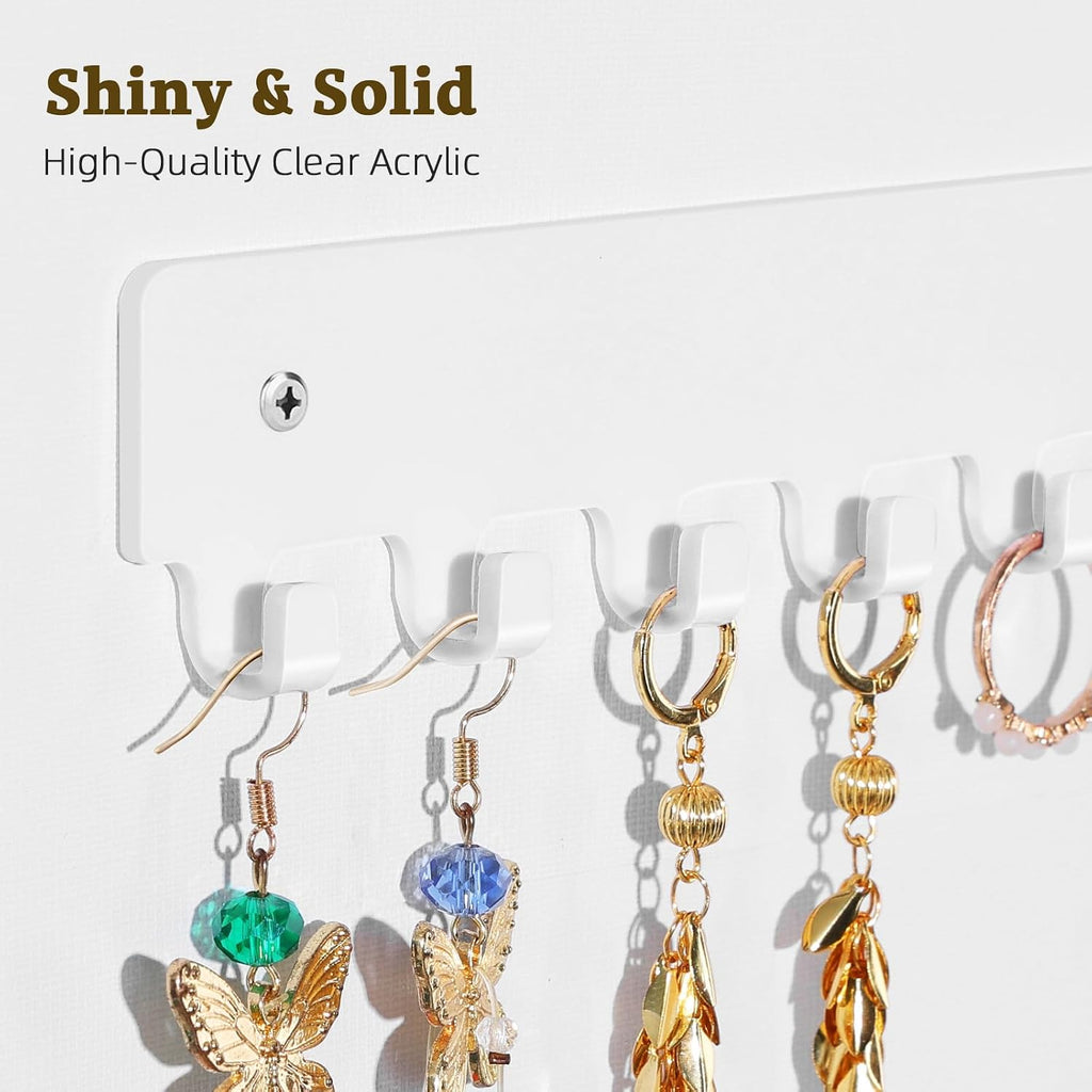 Acrylic Necklace Holder 2 Pack Wall Mounted Necklace Organizer Hanging Jewelry Organizer with 12 Hooks for Necklaces, Bracelets, Rings and Bangles Display（White）