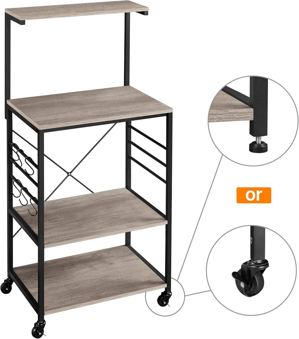 Yaheetech 4-Tier Rolling Bakers Rack,Microwave Stand Kitchen Cart,Gray | Kitchen Bakers Rack on Wheels with 6 S-Side Hooks and Adjustable Feet, Utility Storage Shelf