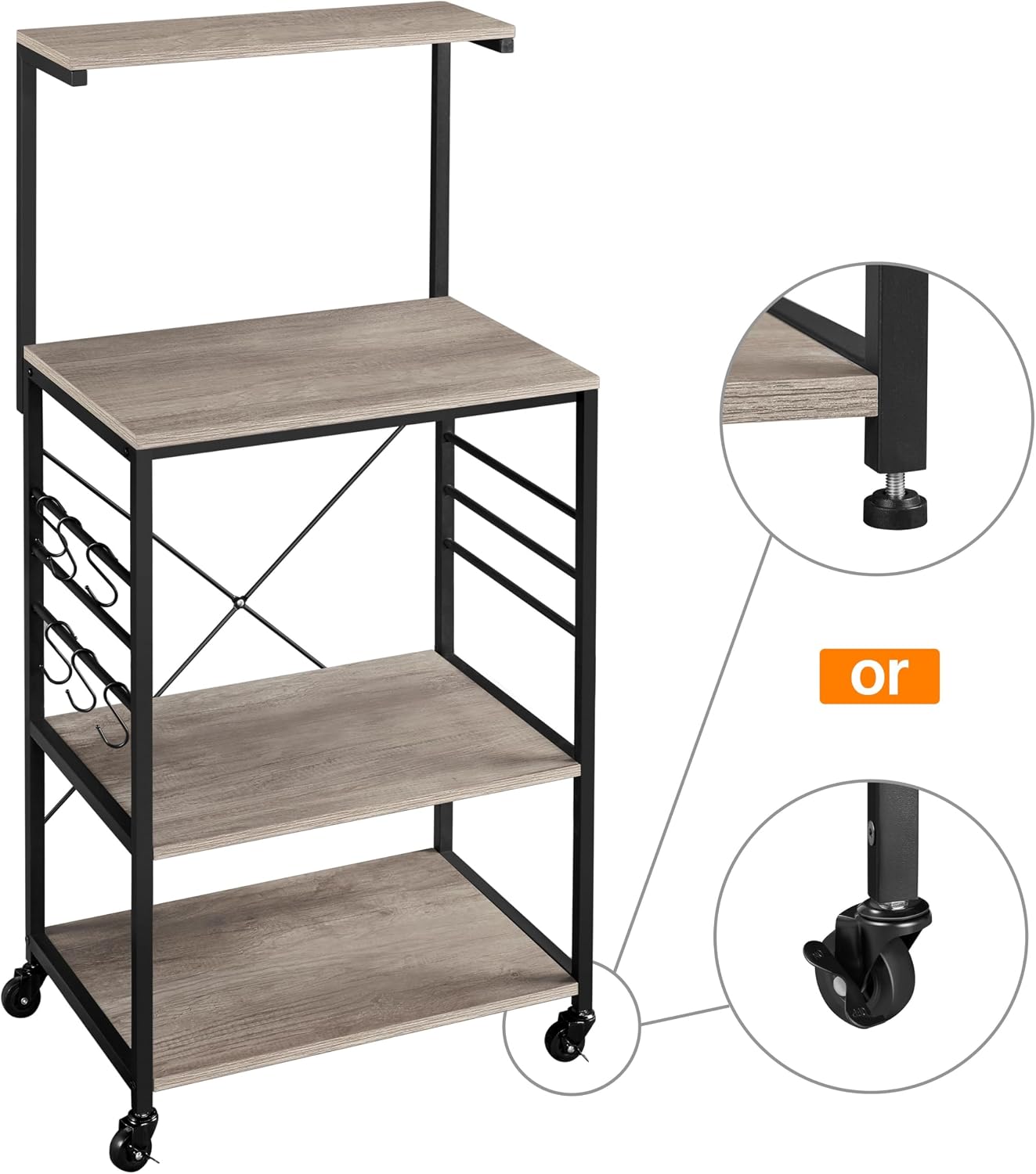Yaheetech 4-Tier Rolling Bakers Rack,Microwave Stand Kitchen Cart,Gray | Kitchen Bakers Rack on Wheels with 6 S-Side Hooks and Adjustable Feet, Utility Storage Shelf