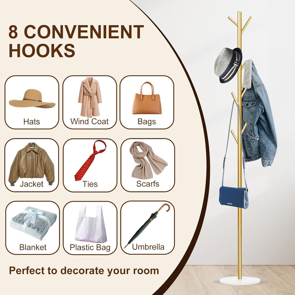 Coat Rack, Metal Freestanding Coat Rack with 8 Hooks, Sturdy Coat Tree with Natural Marble Base for Coats, Hats, Scarves and Handbags for Entryway, Hallway, Bedroom, Office,Dorm (Gold)