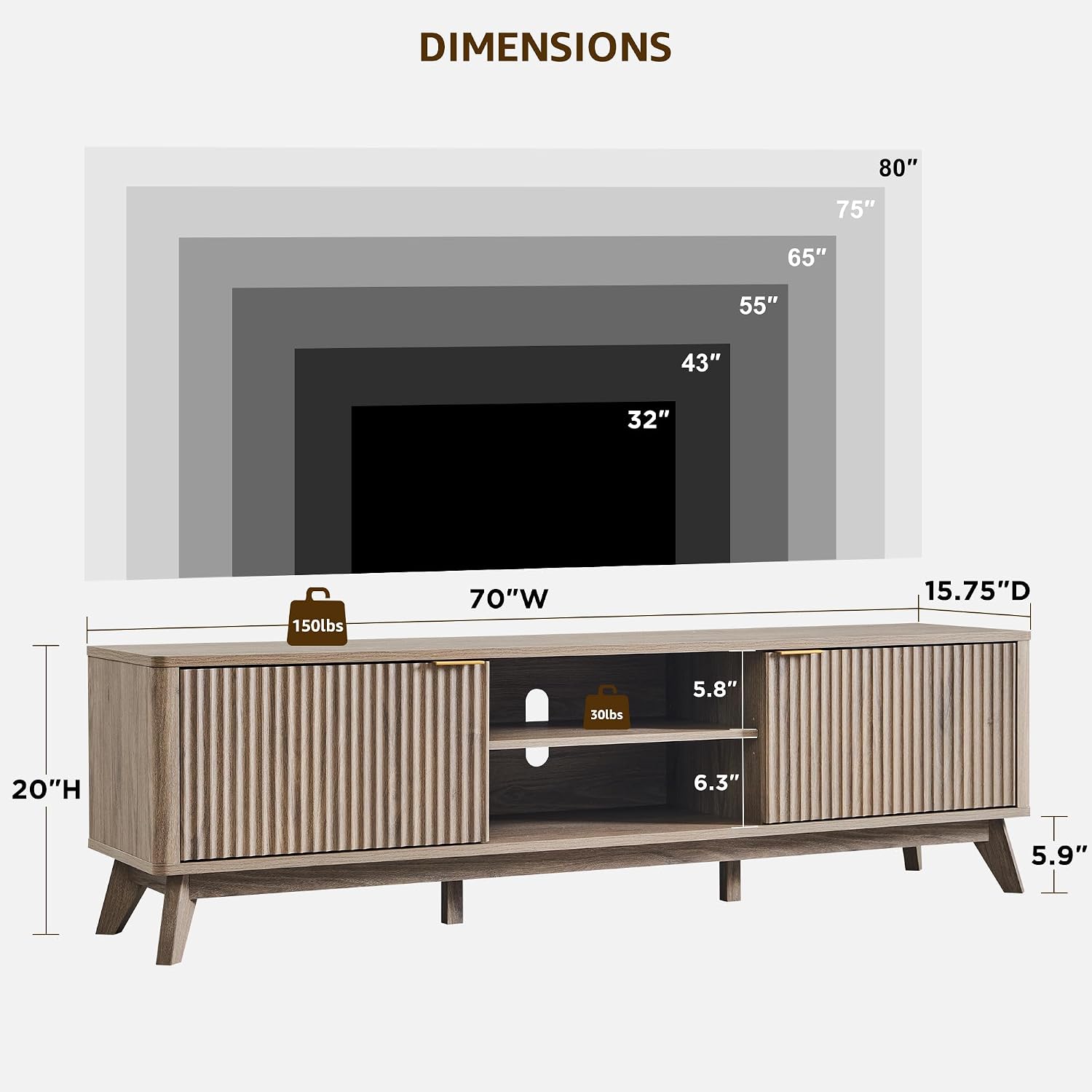 OKD 70" Mid Century Modern Fluted TV Stand w/ 2 Soft Close Door, Alder Grey | Entertainment Center, Sideboard, Media console for Living Room with Adjustable Shelves