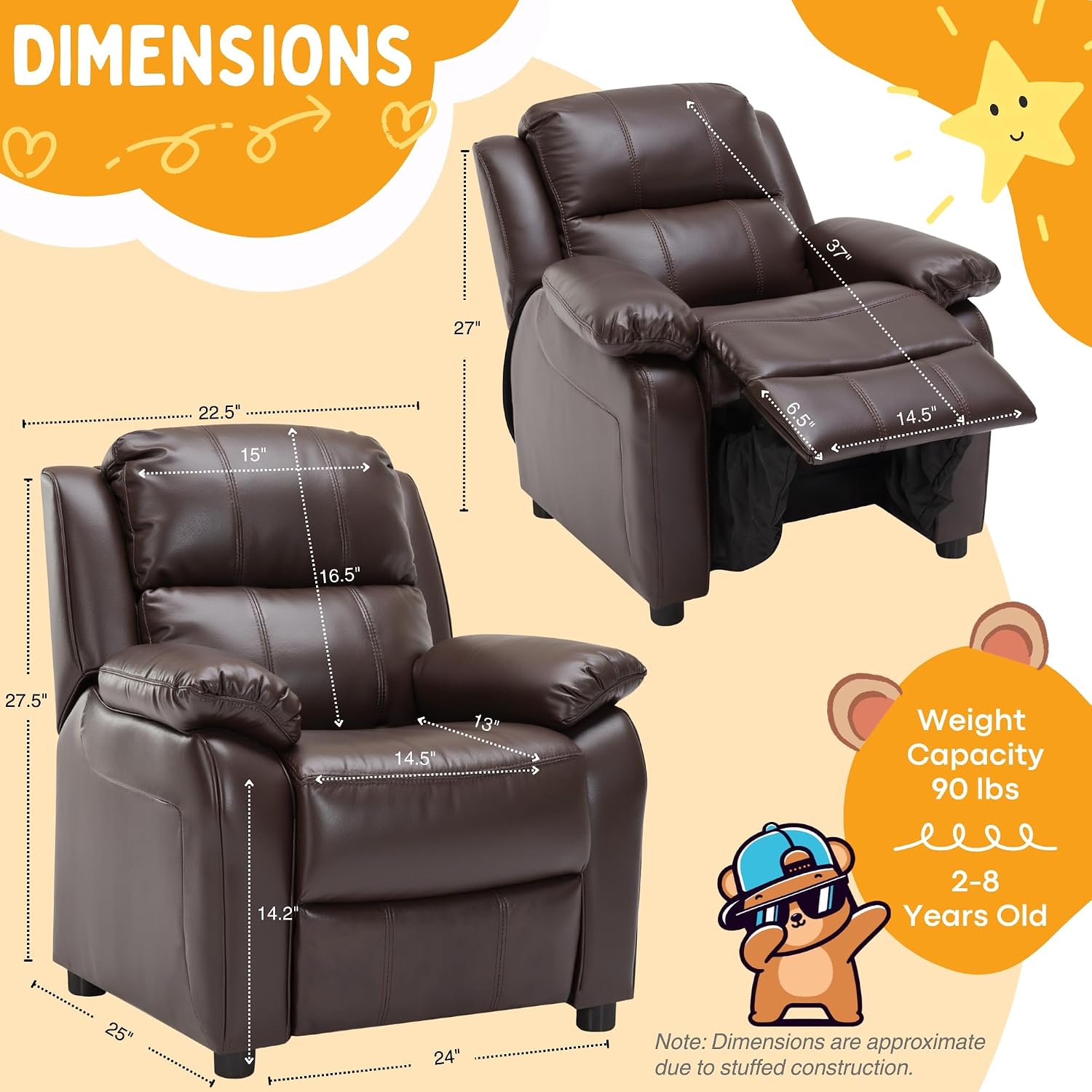 Kids Recliner Chair Storage Arms Reclining Toddler Push Back Sofa Ages 2-8 | 2 Flip-up Storage Arms, PU Leather, Adjustable Footrest, Reading Gaming Relaxing Sleeping, Children Child Youth Boys Girls