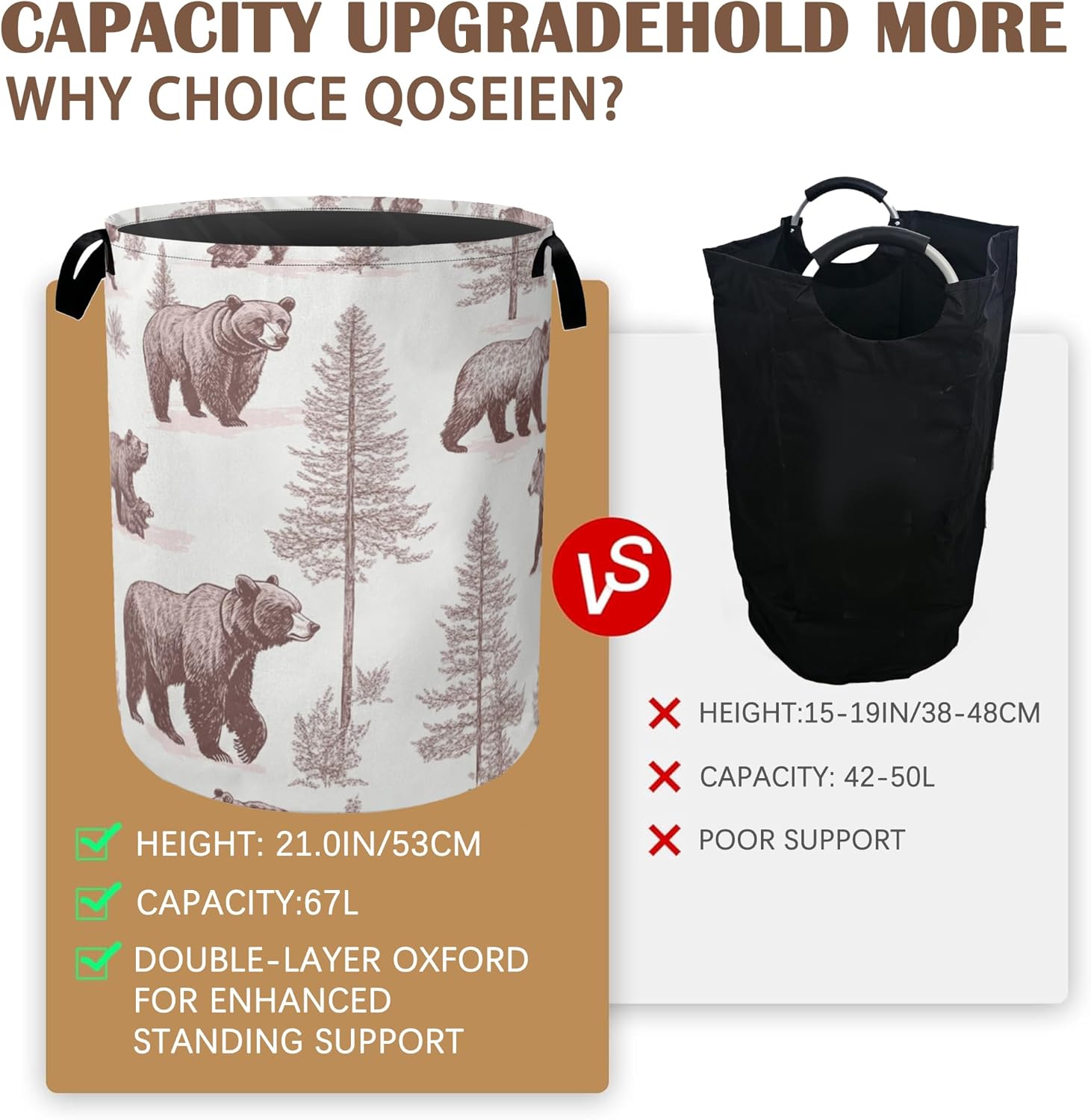 Large Laundry Basket,Retro Bear Collapsible Laundry Baskets,Forest Printed Waterproof Oxford Hamper with Handles for Bathroom Bedroom Nursery Home Storage 16"x20"