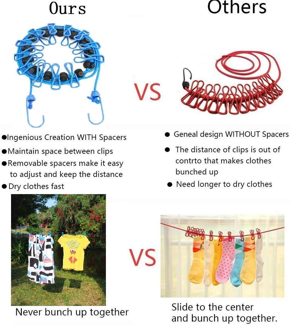 2 Pack Portable Clothesline with 12 Clothespins, Windproof Travel Stretchy Retractable Elastic Laundry Clothes Line for Backyard, Vacation Hotel, Balcony Drying
