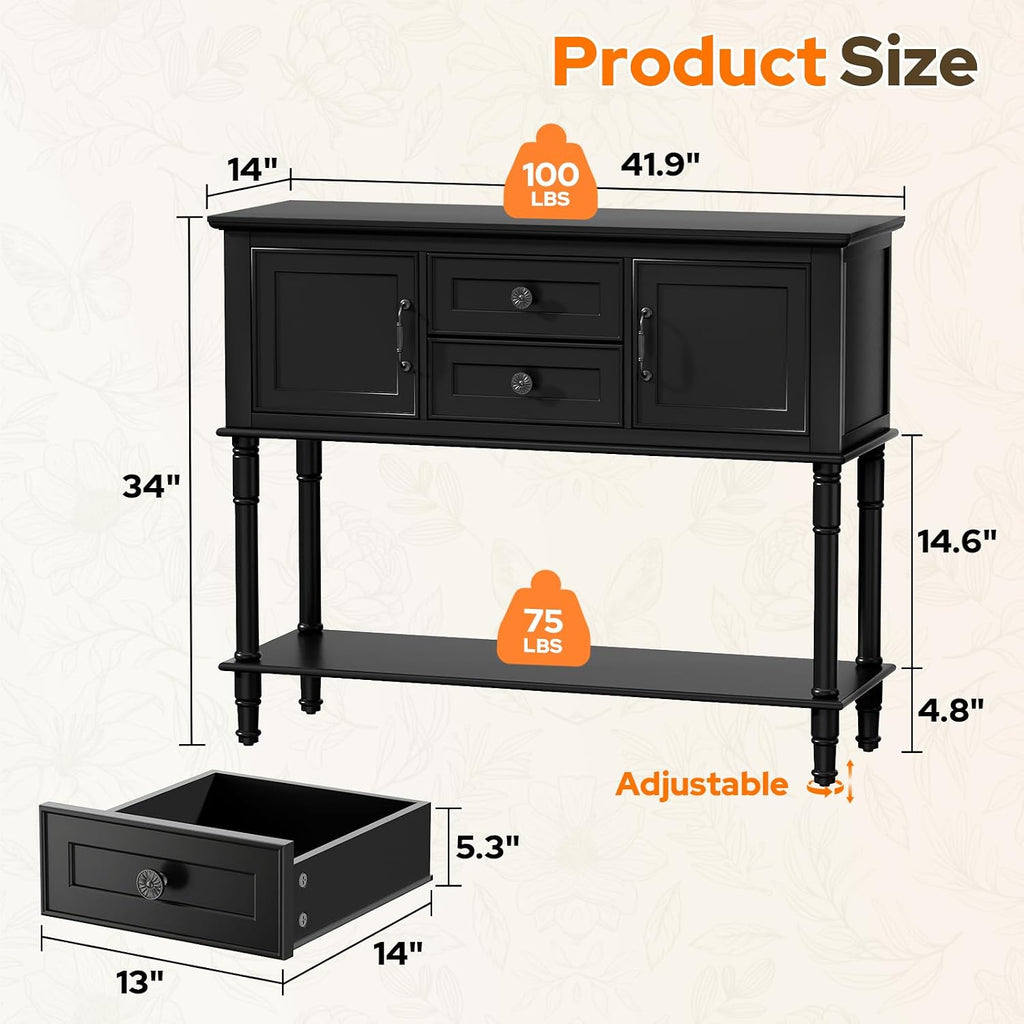 Console Table with 2 Soft-Close Cabinet Doors, Retro Narrow Entryway Table with 2 Drawers & Open Storage Shelf, 42" Long Behind Couch Sofa Table for Living Room, Foyer, Hallway, Coffee Bar (Black)