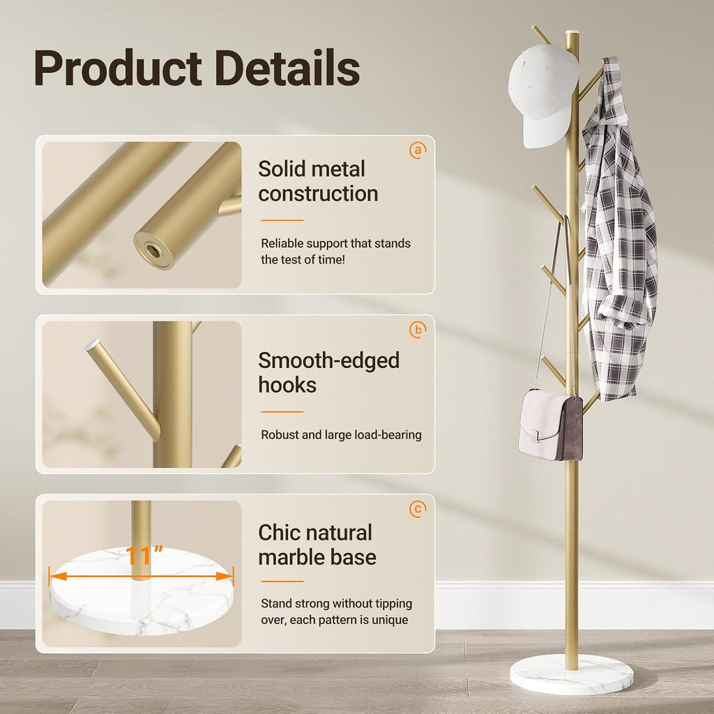 ELYKEN Coat Rack Freestanding with Natural Marble Base, Metal Coat Rack Stand with 10 Hooks, 3 Adjustable Size Coat Tree for Bags, Clothes, and Hats for Entryway, Bedroom, Hallway, Office, Gold