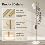ELYKEN Coat Rack Freestanding with Natural Marble Base, Metal Coat Rack Stand with 10 Hooks, 3 Adjustable Size Coat Tree for Bags, Clothes, and Hats for Entryway, Bedroom, Hallway, Office, Gold