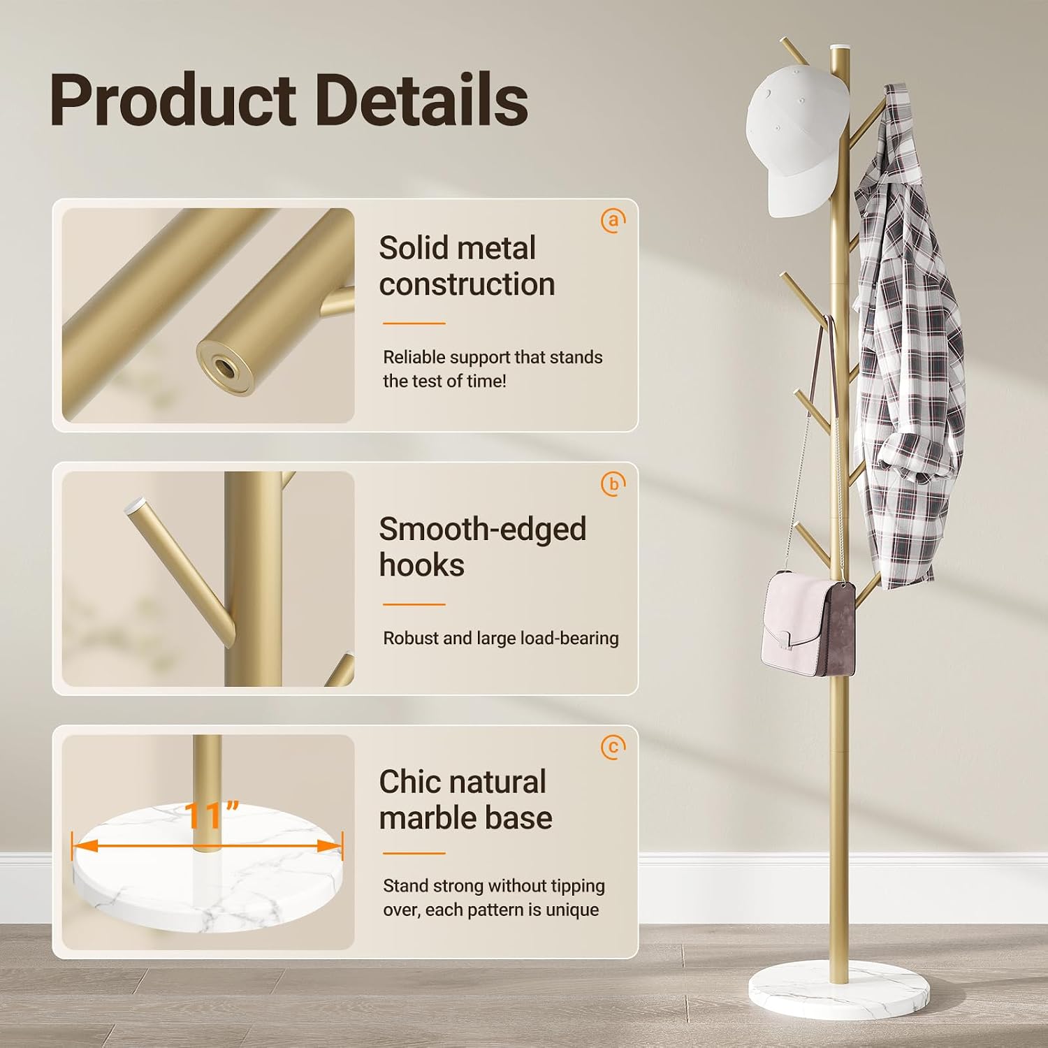 ELYKEN Coat Rack Freestanding with Natural Marble Base, Metal Coat Rack Stand with 10 Hooks, 3 Adjustable Size Coat Tree for Bags, Clothes, and Hats for Entryway, Bedroom, Hallway, Office, Gold