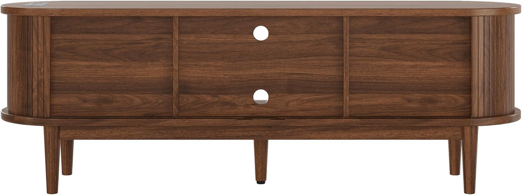 Decofy 63" Fluted TV Stand for TVs Up to 70" with Charging Station, Walnut | Mid Century Modern Built-in Charging Station Sliding Tambour Doors Adjustable Shelves Entertainment Center Solid Wood Legs