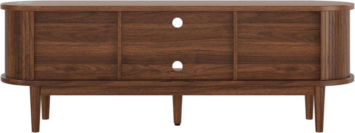 Decofy 63" Fluted TV Stand for TVs Up to 70" with Charging Station, Walnut | Mid Century Modern Built-in Charging Station Sliding Tambour Doors Adjustable Shelves Entertainment Center Solid Wood Legs