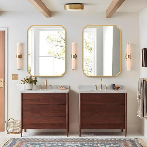 30" x 40"Gold Bathroom Mirror for Over Sink, Modern Rounded Corner Rectangle Wall Mirror for Bathroom Vanity Decorative with Non-Rusting Iron Metal Framed (Horizontal/Vertical)