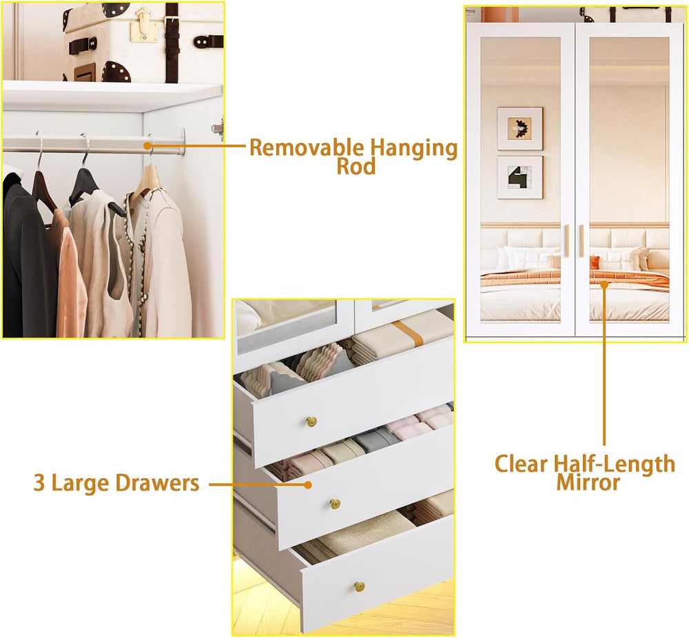 4 Doors LED Armoire Wardrobe Closet with Mirror, 75" Tall Modern Wooden ...