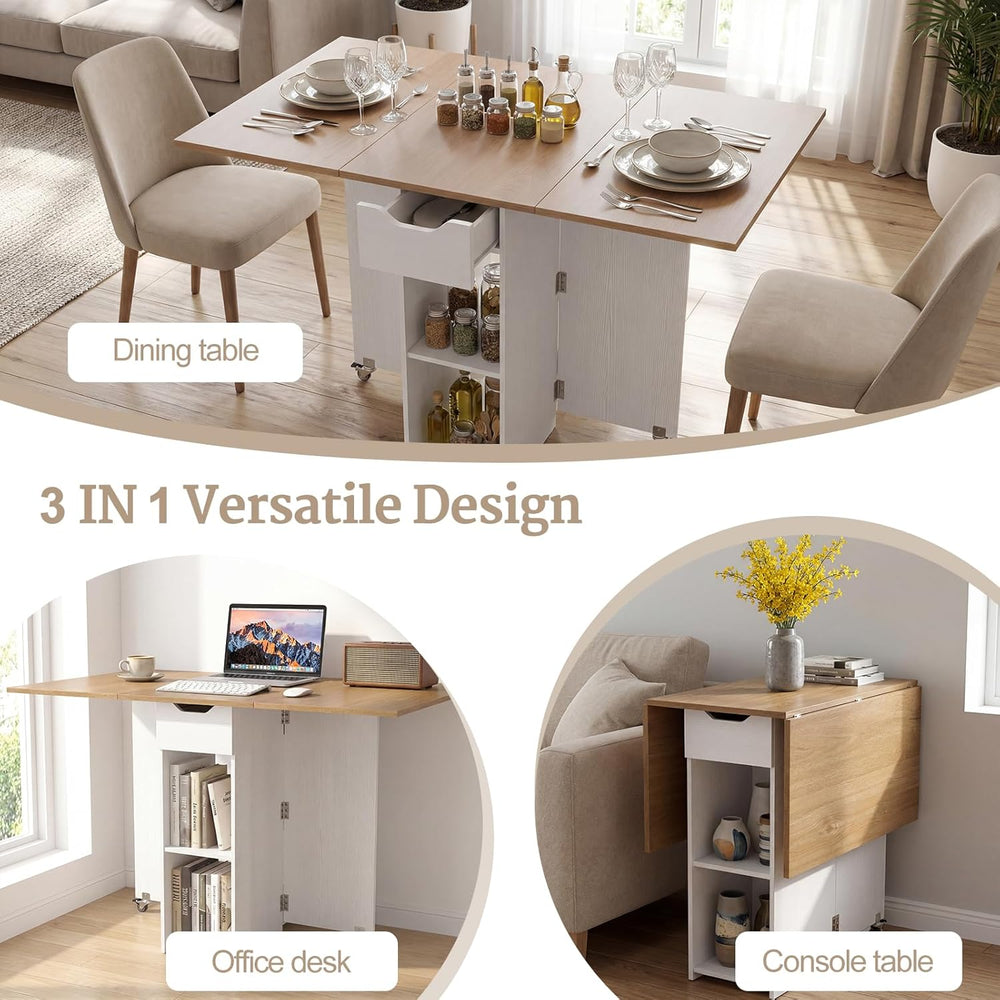 GOFLAME Drop Leaf Dining Table for 2-4, Folding Kitchen Table with Open Shelv...