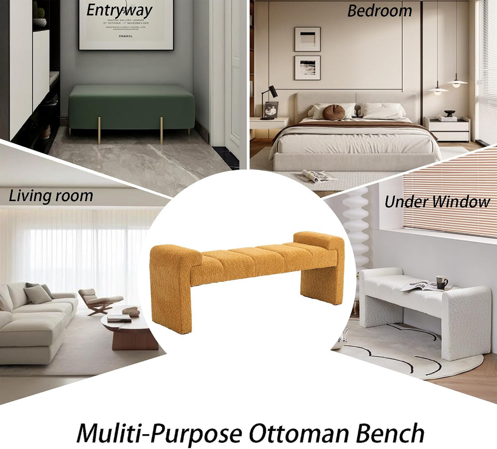 Boucle End of Bed Bench Upholstered Modern Bedroom Bench Channel Tufted Windo...