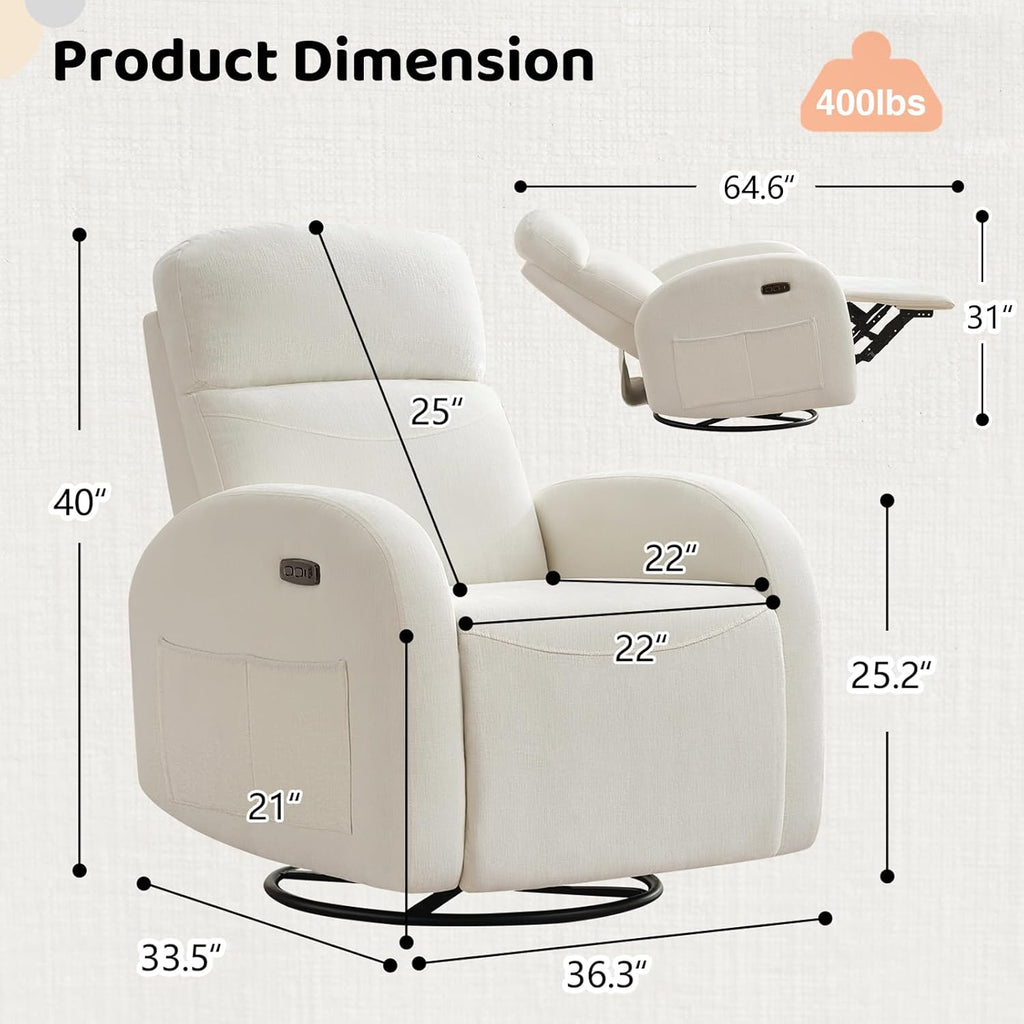 Power Nursery Glider Recliner, Chenille Electric Rocker Recliner with Type-C & USB Port, Nursery Swivel Rocker Recliners with Double Pockets for Adult, Cream White