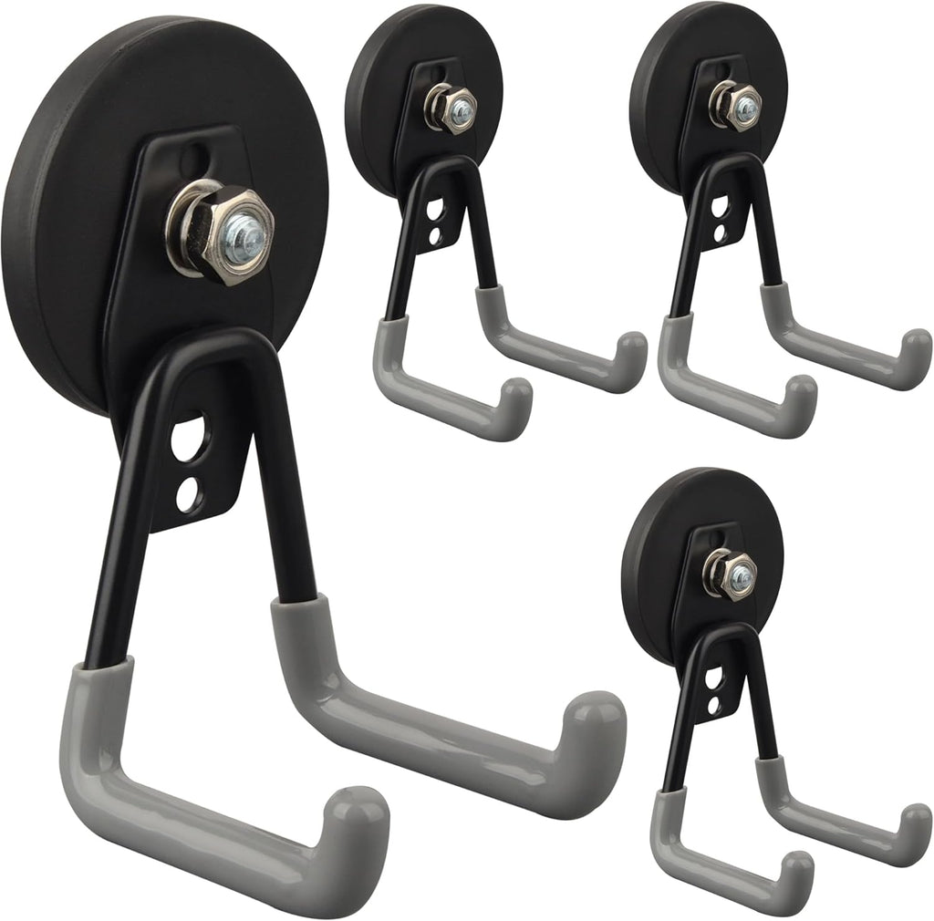 ULIBERMAGNET Heavy Duty Magnetic Hooks,Strong Large Magnet Hooks for Power Drill,Garden Tools, Hose,Pegboard,Garage,Workshop,4 Pack Magnetic Storage Hooks for Indoor Outdoor Hanging(Gray)