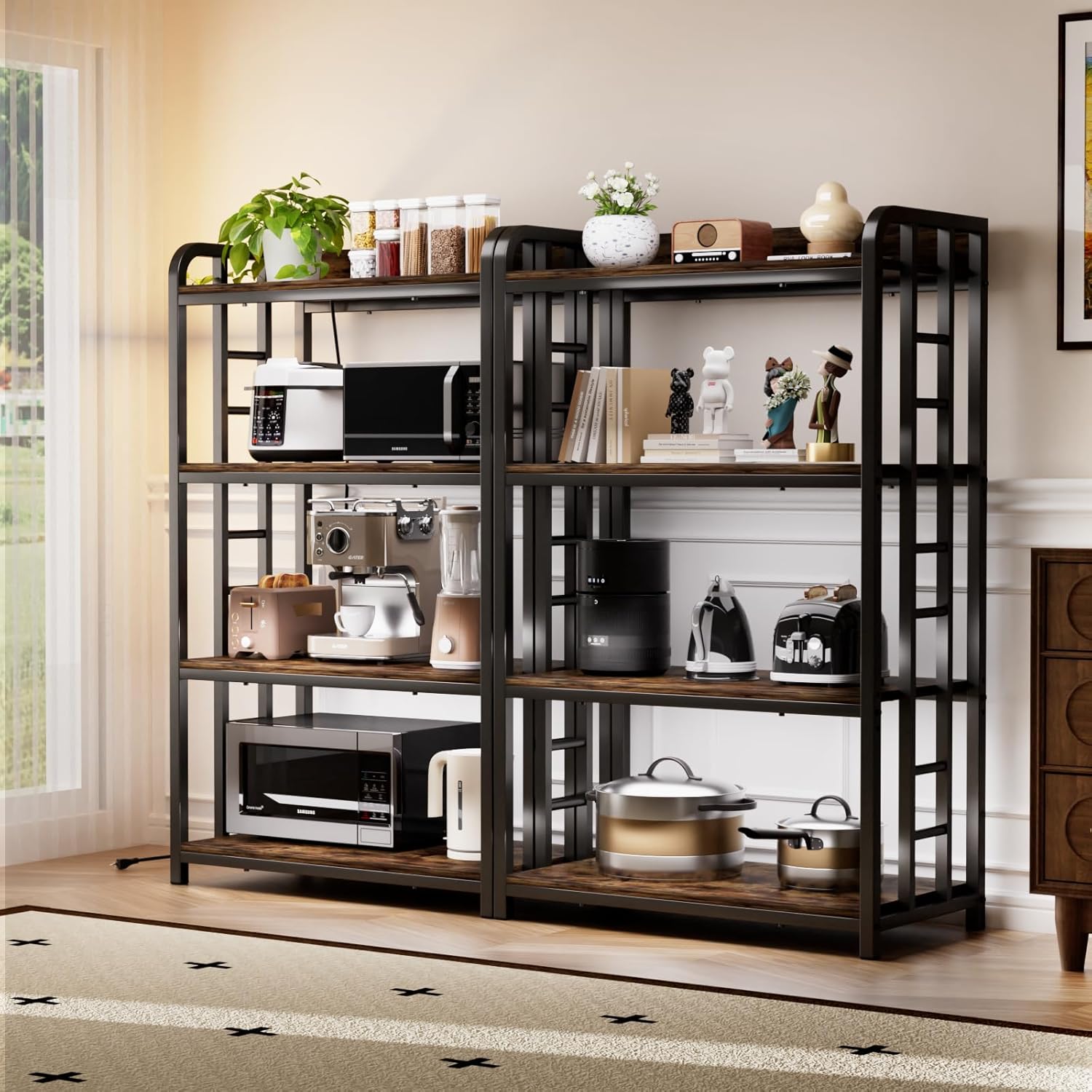 4 Tier Bakers Rack for Kitchens, Adjustable Microwave Stand with Storage, Metal Storage Shelves for Dinning Room Coffee Bar, Rustic Brown