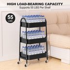 EAGMAK 3 Tier Rolling Cart, Large Metal Storage Cart with Handle and Lockable Wheels, Big Multifunctional Storage Organizer Trolley with Mesh Baskets for Kitchen, Living Room, Office, Garage (Black)