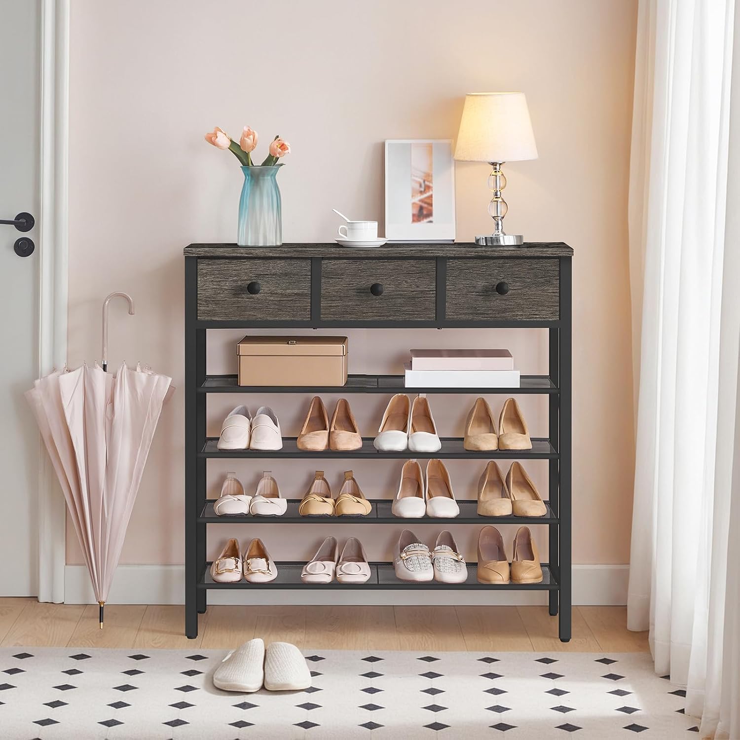 5-Tier Shoe Rack with 3 Drawers, Metal Shoe Organizer for 20 Pairs with Storage Shelves and Wooden Top, for Entryway, Hallway, Foyer, Closet, Charcoal and Black SS35BC