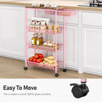 KINGRACK 4-Tier Slim Storage Cart, Metal Rolling Cart, Organizer with Wooden Tabletop and Drawer Basket, Mobile Shelving Unit for Kitchen, Bathroom, Laundry Room, Pink