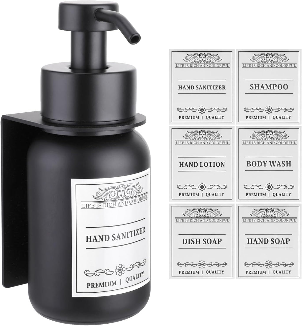 Black Glass Soap Dispenser Wall Mount for Bathroom with Pump and Drill-Free Holders - 8.5 Oz Hand Soap Dispenser, Shower Dispenser with Waterproof Labels