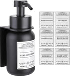 Black Glass Soap Dispenser Wall Mount for Bathroom with Pump and Drill-Free Holders - 8.5 Oz Hand Soap Dispenser, Shower Dispenser with Waterproof Labels