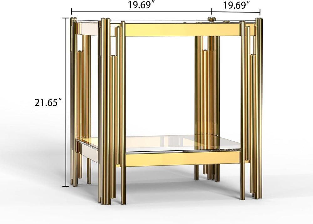 Small Side Table, Square End Table with Tempered Glass & Irregular Gold S...