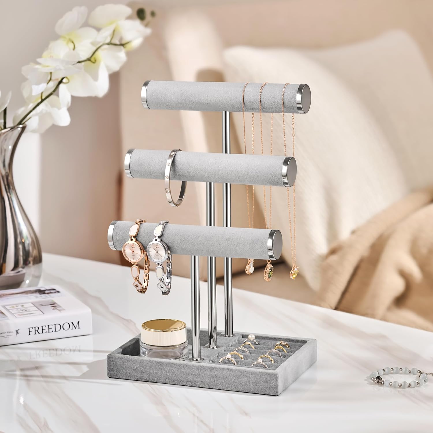 3 Tier Bracelet Holder Display - Detachable T Bar Grey Velvet Bracelet Holder, Jewelry Holder Organizer for Bracelet, Necklace, Earrings, Rings