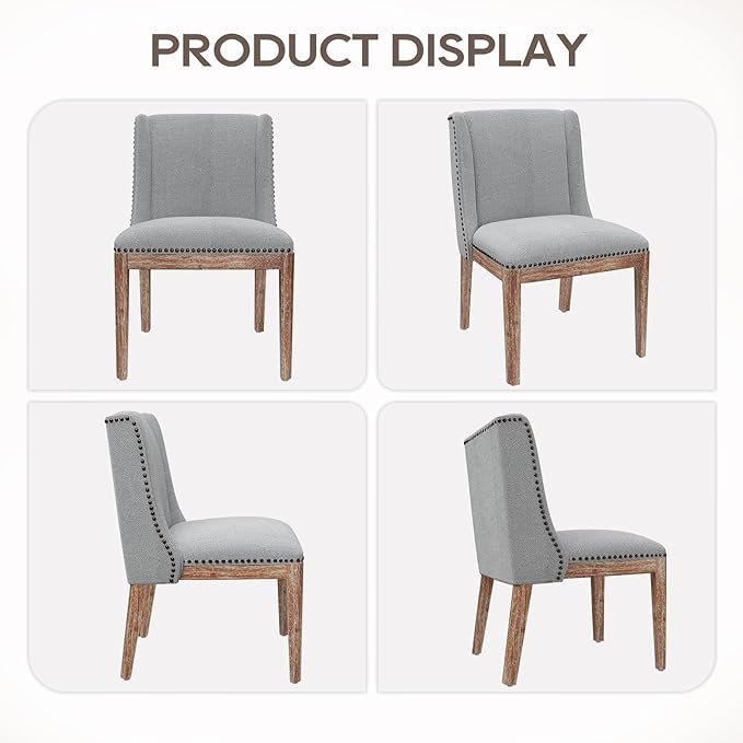 Dining Chair Set of 6, Fabric Upholstered Kitchen Side Chairs with Wooden Legs for Kitchen & Restaurant Use, LightGrey