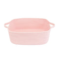 XUANGUO Medium Woven Cotton Rope Storage Basket with Handles, Light Pink | Small decorative rectangle storage bin for baby nursery items and cat toys; ideal as an empty gift basket or dog toy basket