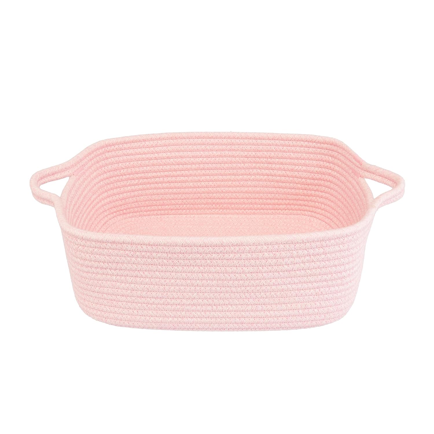 XUANGUO Medium Woven Cotton Rope Storage Basket with Handles, Light Pink | Small decorative rectangle storage bin for baby nursery items and cat toys; ideal as an empty gift basket or dog toy basket