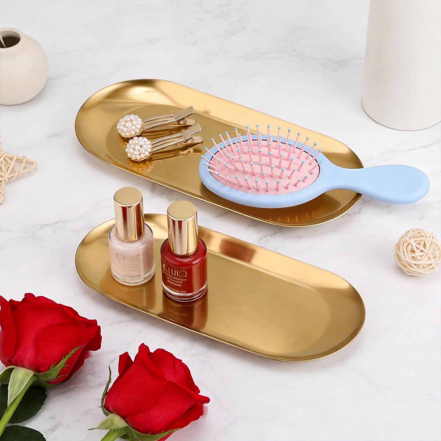 Vaincre Gold Decorative Jewelry Tray - 2PCS Stainless Steel Oval Trinket Ring Holder Dish, 7” Small Bathroom Vanity Kitchen Jewelry Plate Tray Decor for Storing Perfumes, Cosmetics, Candles, Key