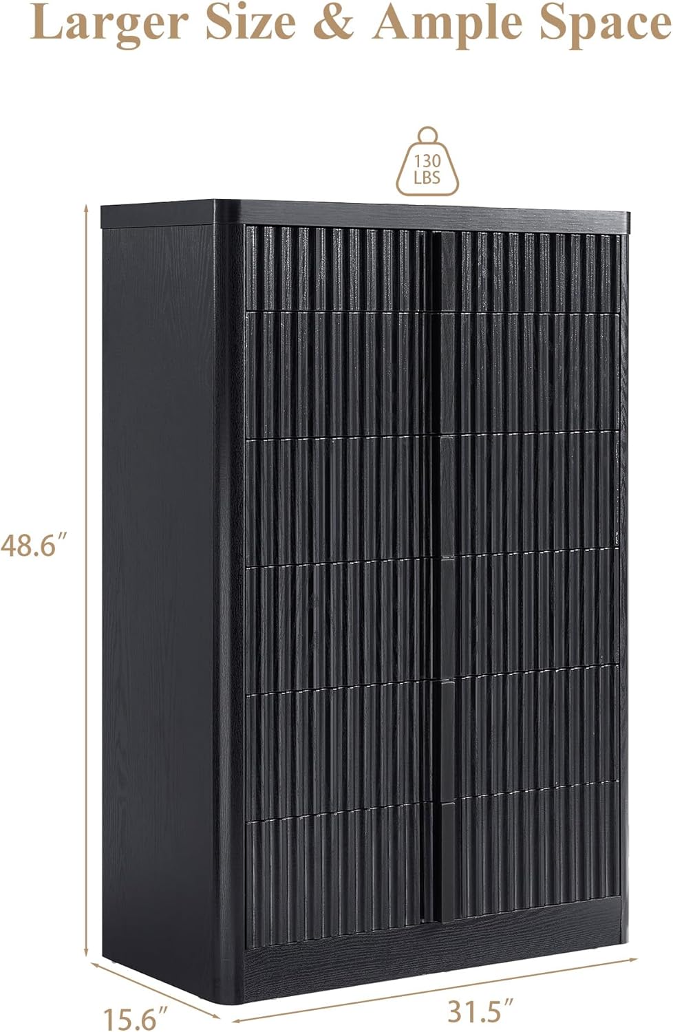 Black Fluted Dresser for Bedroom, Chest of Drawers, 48" Tall 6 Drawer Dresser, Curved Profile Design, Modern Wooden Chest of Drawers with Solid Wood Handle for Living Room, Bedroom
