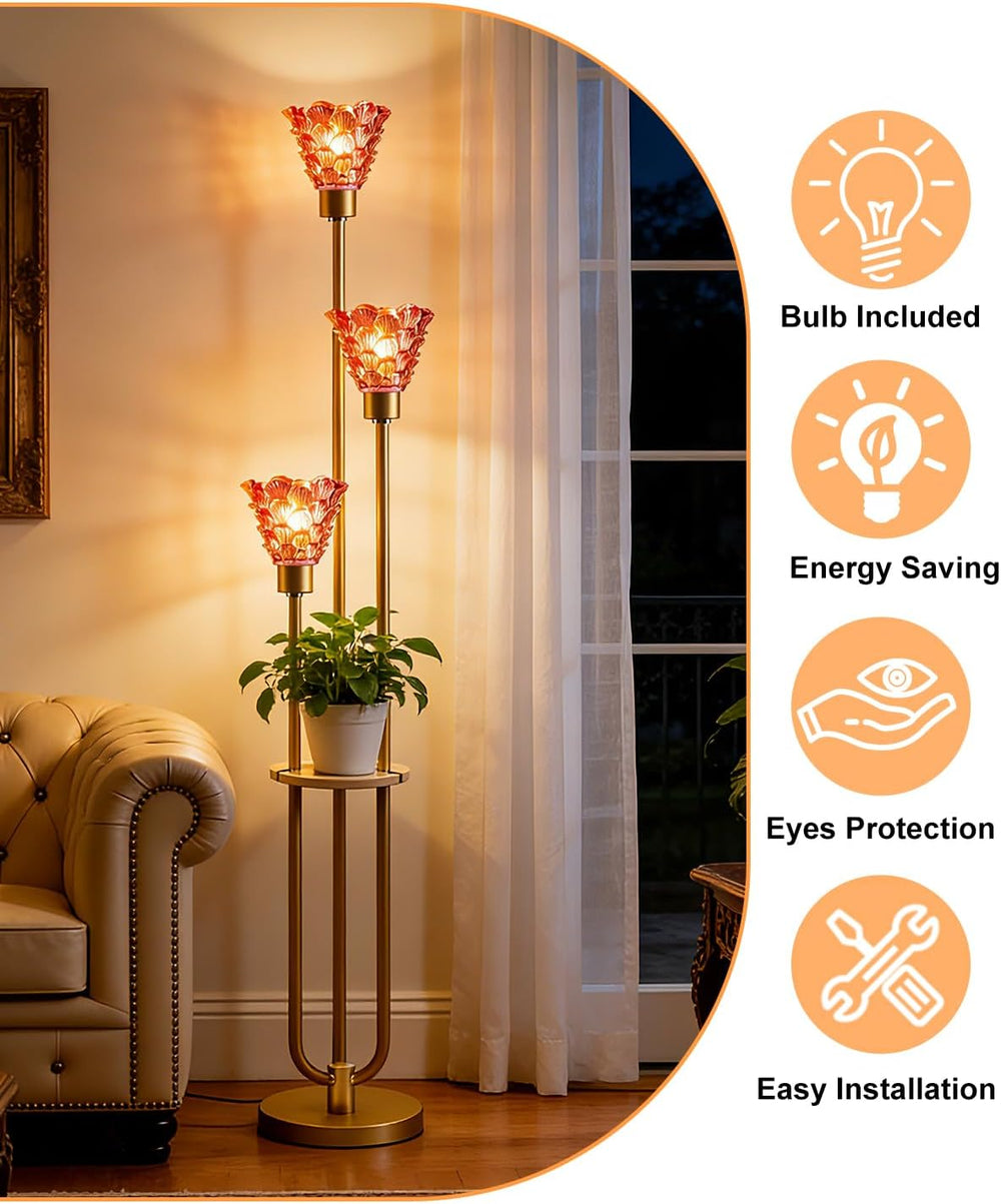 Glass Floor Lamp with Shelf, 63IN Mid Century Modern Gold Floor Lamps with 3 ...