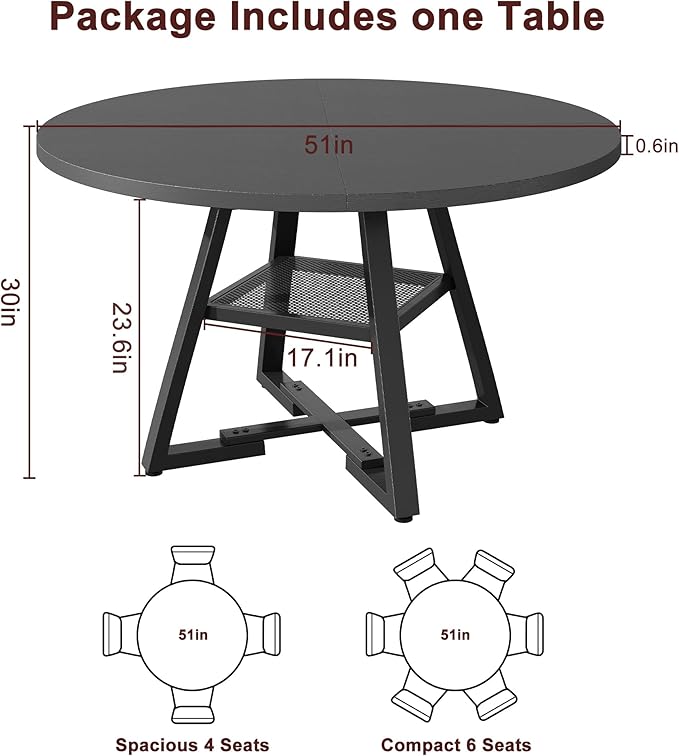 51'' Round Dining Table,Kitchen Dining Room Circle Dinner Pedestal Table,Space Saving Wood Kitchen & Dining Room Furniture (Black, 51In)