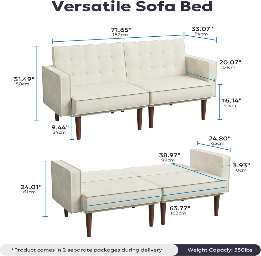 Furnify 71" Velvet Futon Sofa Bed, Versatile Loveseat Couch, Sleeper Sof...