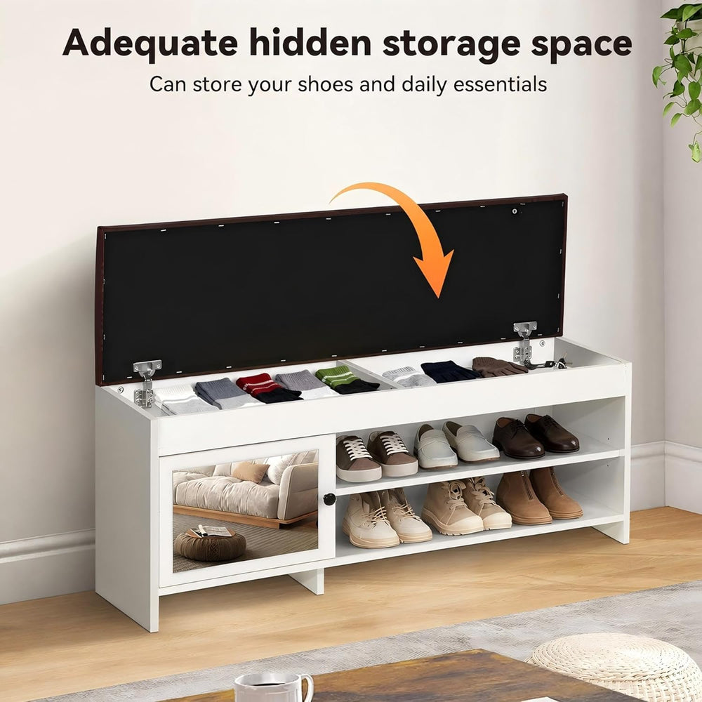 40.5 in Shoe Bench with Storage, Storage Bench, Padded Seat, White | Lift-top...