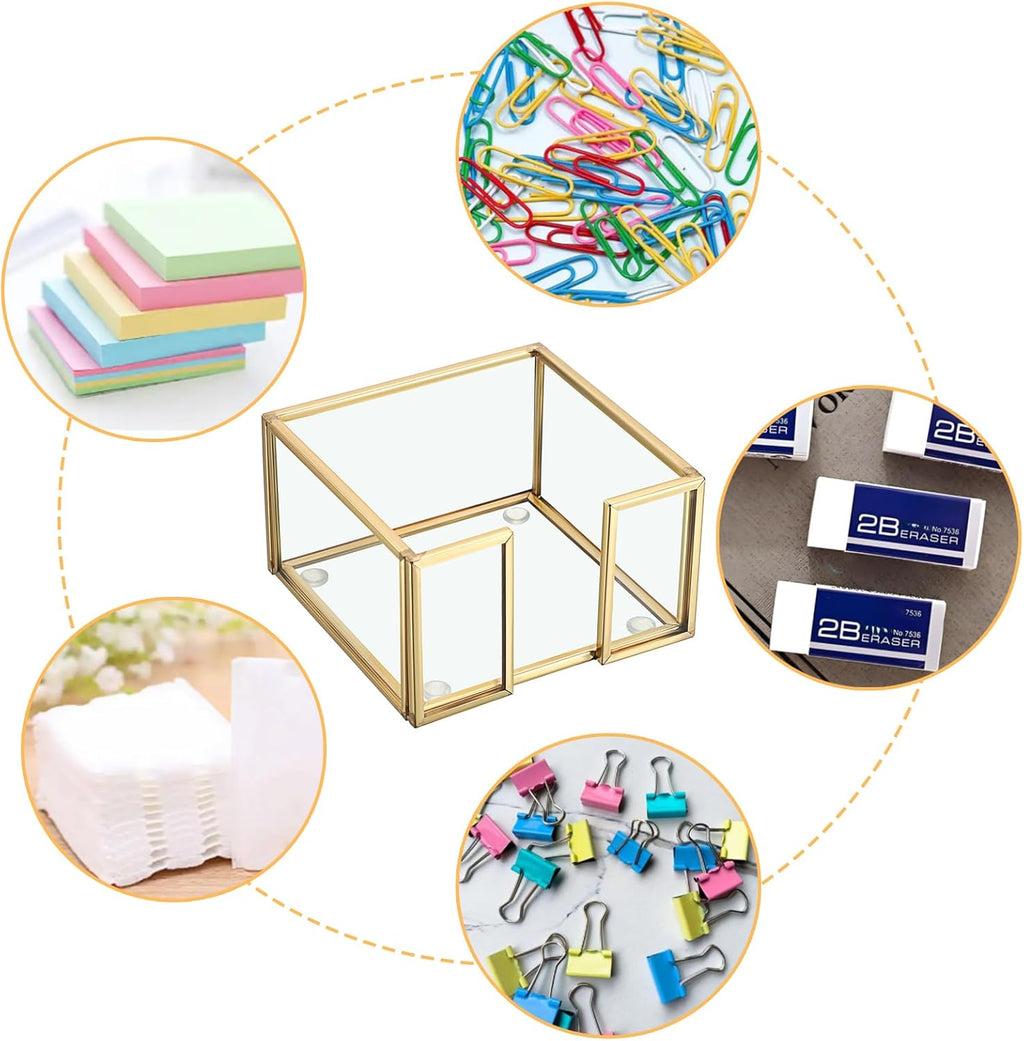 BTSKY Golden Glass Sticky Note Holder for 3x3 Inch Sticky Notes, Elegant Post It Note Dispenser with Non-Slip Pads Clear Notepad Holder for Desk Organization Planning, Home Office Decor