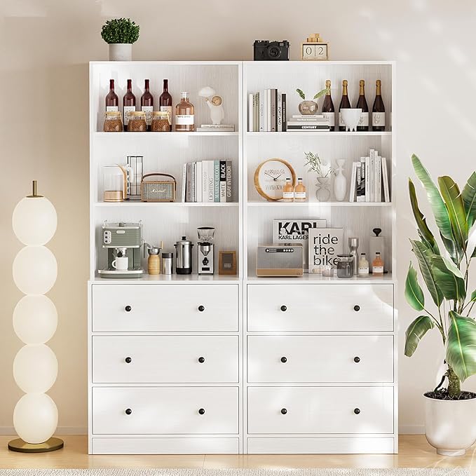 TUSY 71" Large TV Stand Set - TV Entertainment Center for TVs up to 65", Media Center with Tempered Glass Doors and Drawer, TV Hutch with Bookshelves for Living Room (White, BCCB)