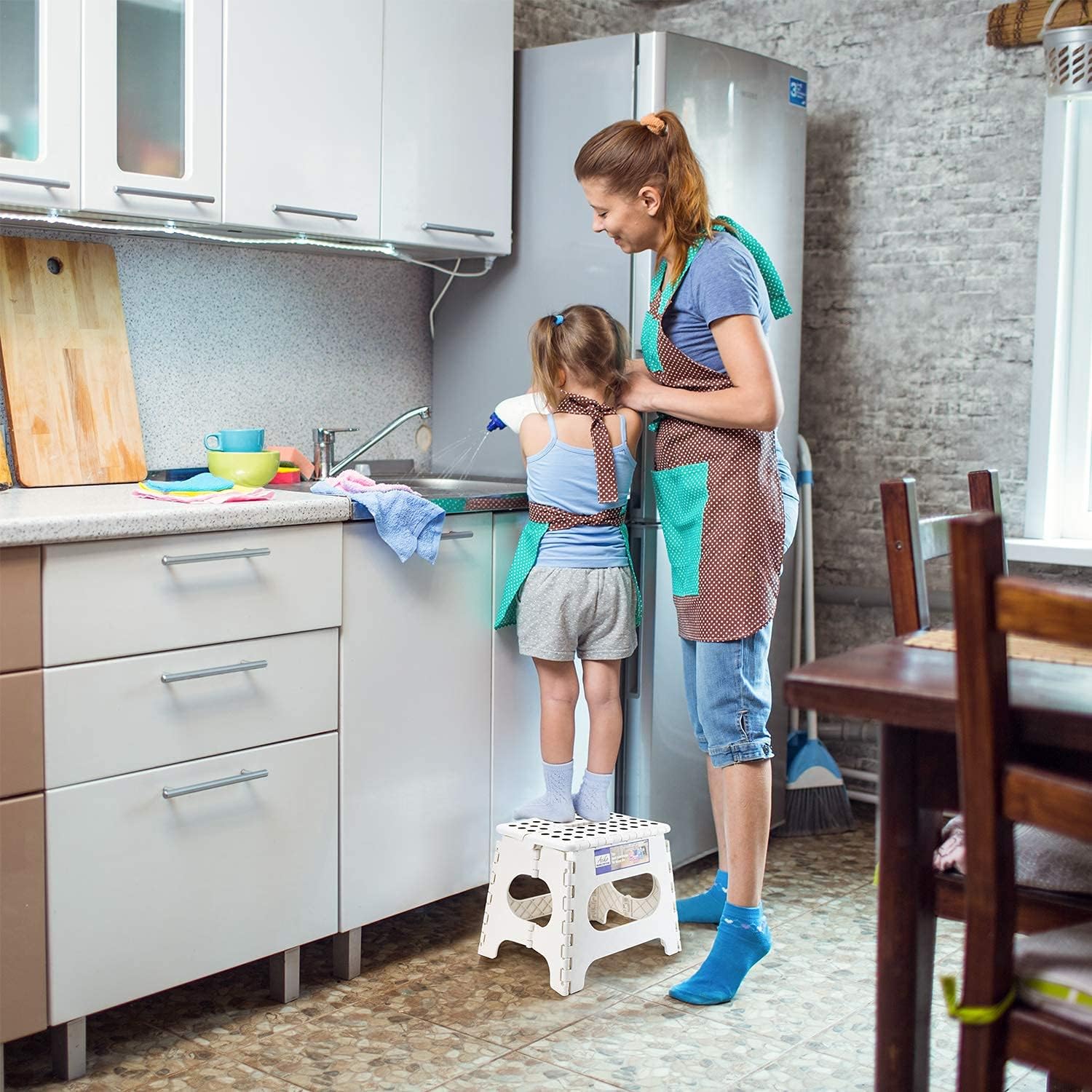 ACSTEP 9 Inch Wide and 9 Inch Folding Step Stool 2-Piece Set, 300 LB Capacity Plastic Foldable Stools with Handle, Non-Slip Step Stool, Home Use (White & White)