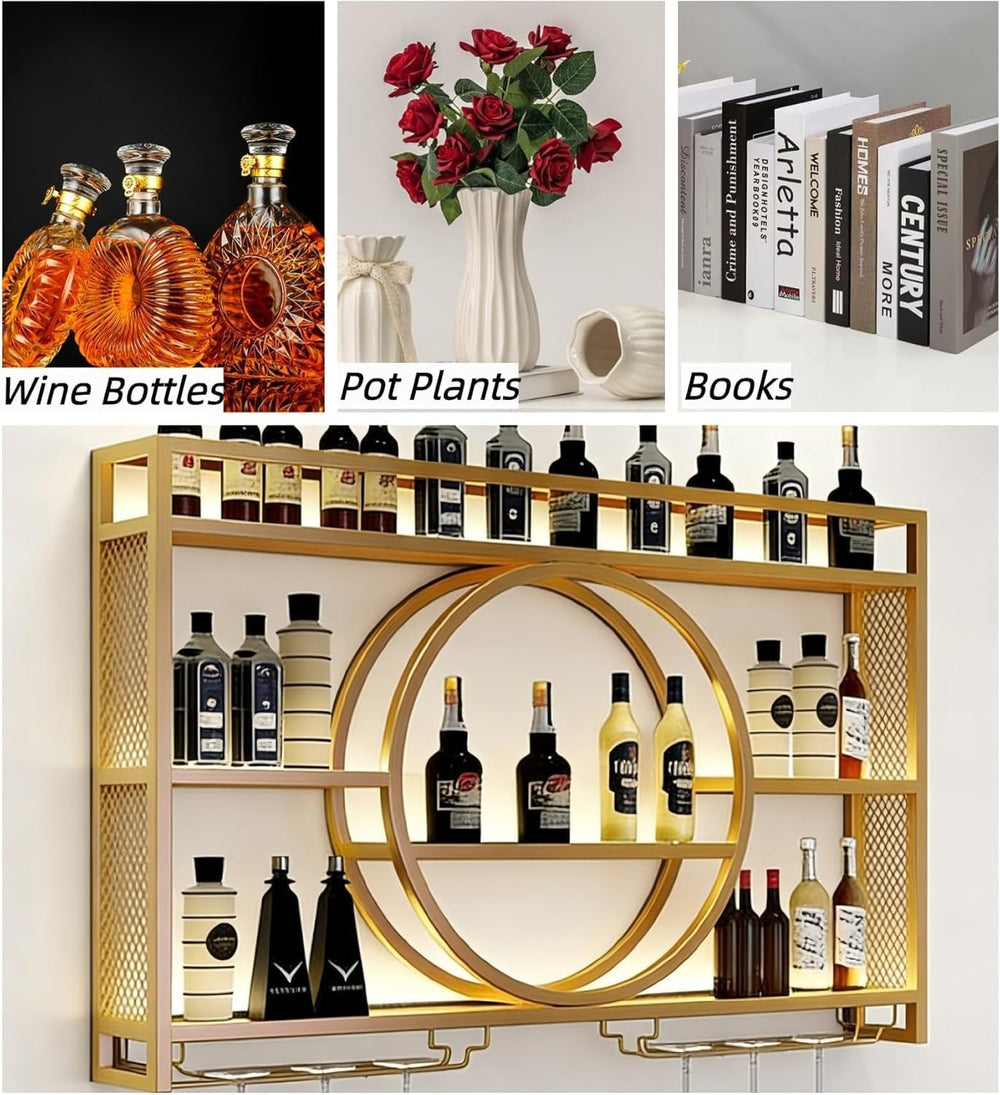 47.2" Wall Mounted Wine Rack with LED Light and Glass Holder | Industria...