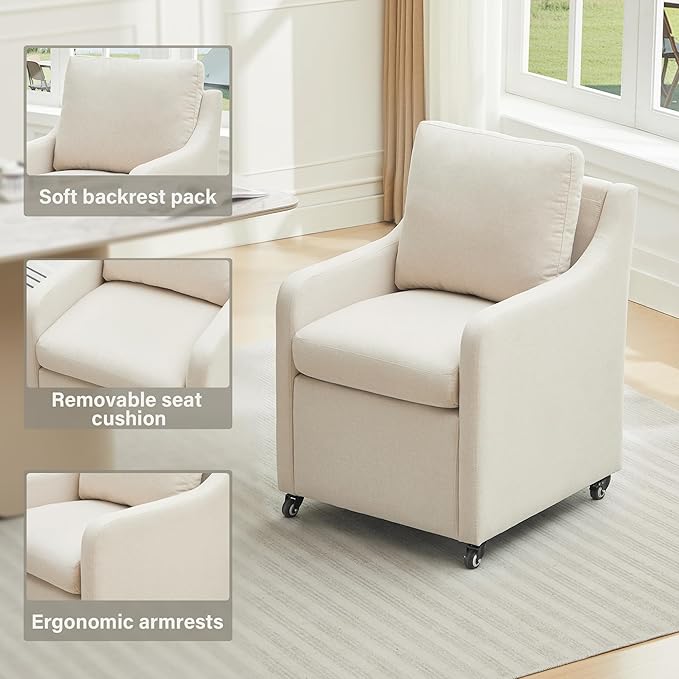 Rolling Dining Chair with Wheels, Upholstered Modern Single Armchair with Casters for Kitchen (4, Fabric Beige)